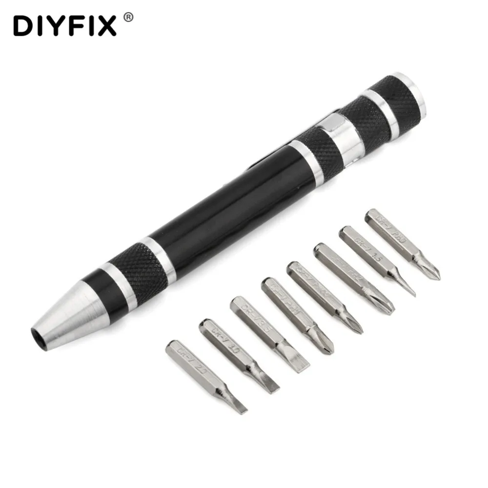 DIYFIX Portable 8 in 1 Screwdriver Aluminum Pen Style Multi-Tool Precision Mobile Phone Repair Tool Kit Screwdriver Set Bits