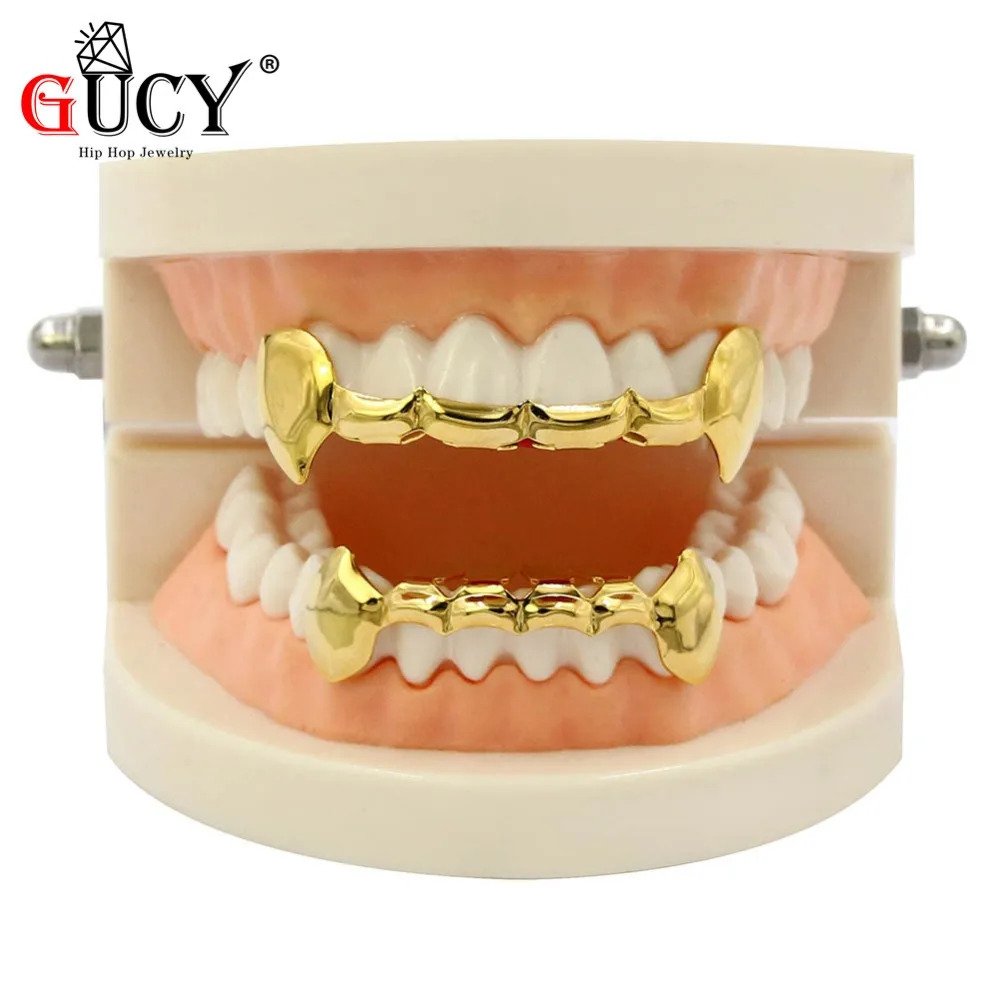 GUCY Hip Hop Fang Grills Caps Gold Color Plated Half Teeth Dracula Vampire Fangs Slim Grill Top & Bottom Grillz Teeth Set