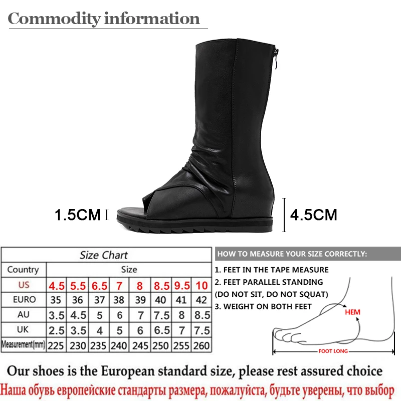 Gdgydh Zipper Design Black Women Shoes Wedges 2022 New Spring Autumn Open Toe Leather Mid-Calf Boots For Women Promotion Sale