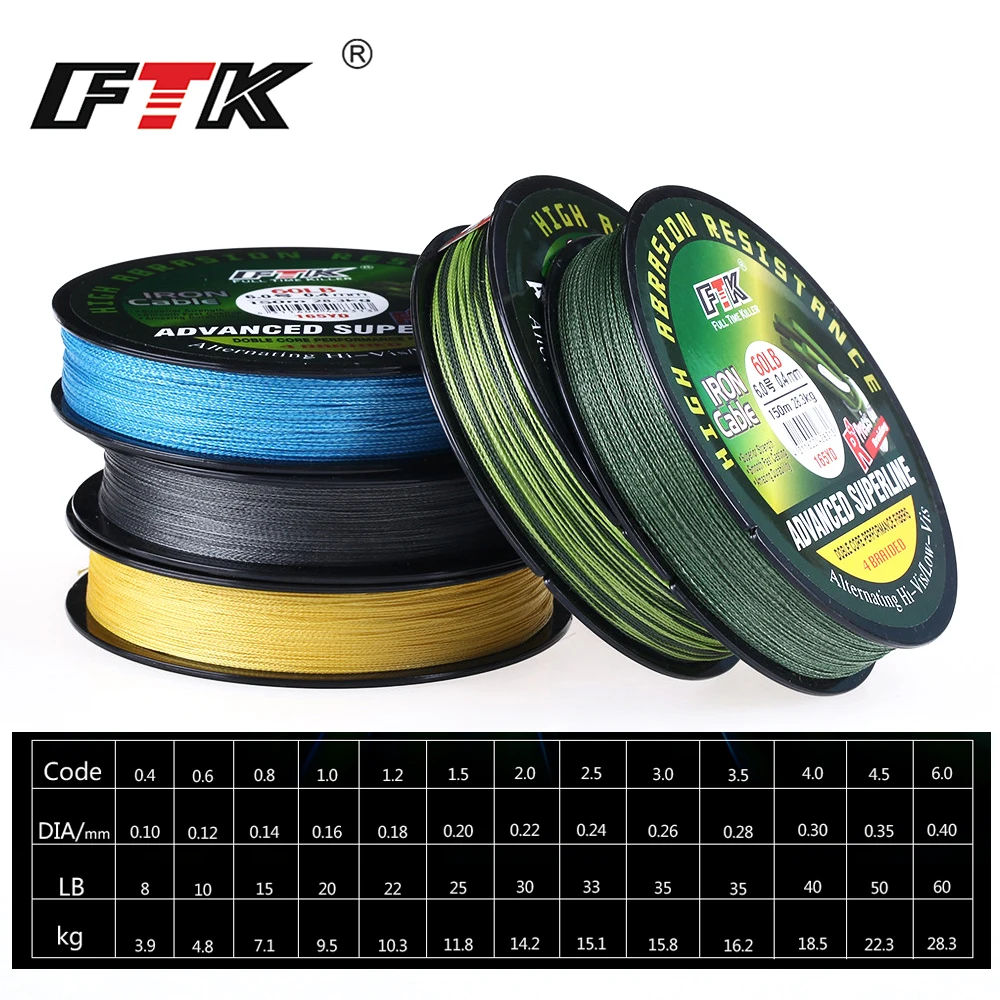 FTK 150M 4 Strands Braided Fishing Line 0.10mm-0.40mm 8LB-60LB Multifilament PE Fishing Line Lure Fishing Wire