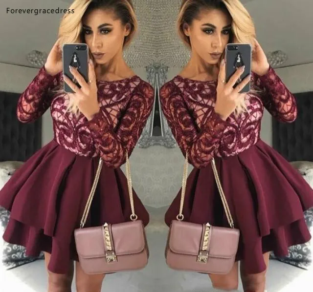 2019 Cheap Short Burgundy Homecoming Dress A Line Long Sleeves Juniors Sweet 15 Graduation Cocktail Party Dress Plus Size