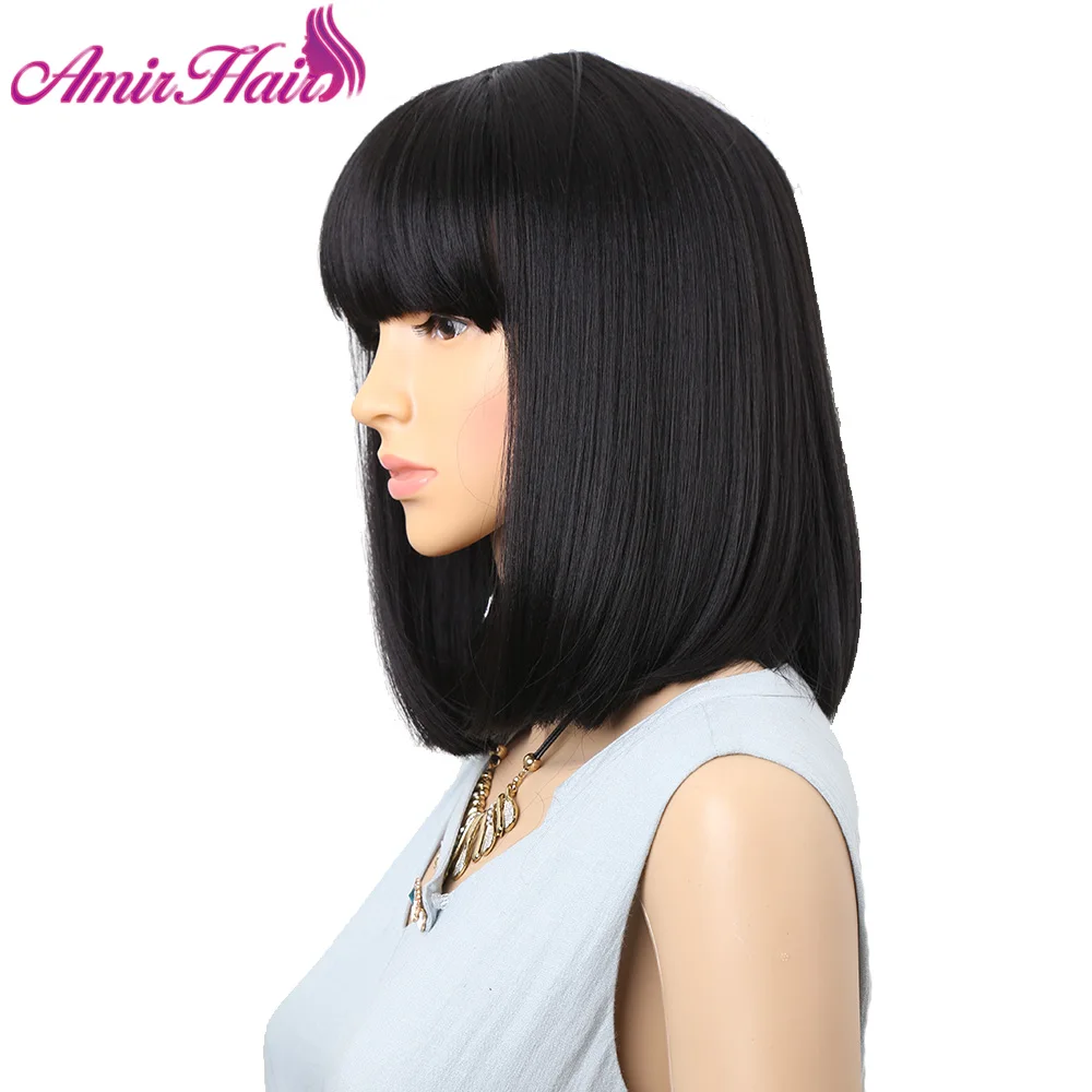 Amir-Perucas sintéticas pretas retas com franja para mulheres, cabelo de comprimento médio, peruca Bob, resistente ao calor, penteado Bob, perucas