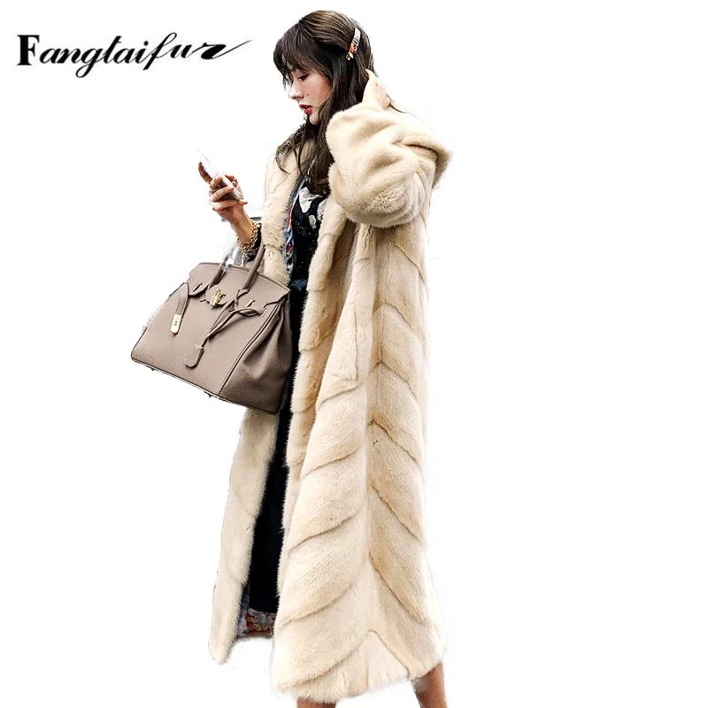 

Ftangaiur New Women Imports Velvet Mink Fur Coat With Fur Hood Long Sleeve Mink Coats Women's X-Long Real Mink Fur Coats