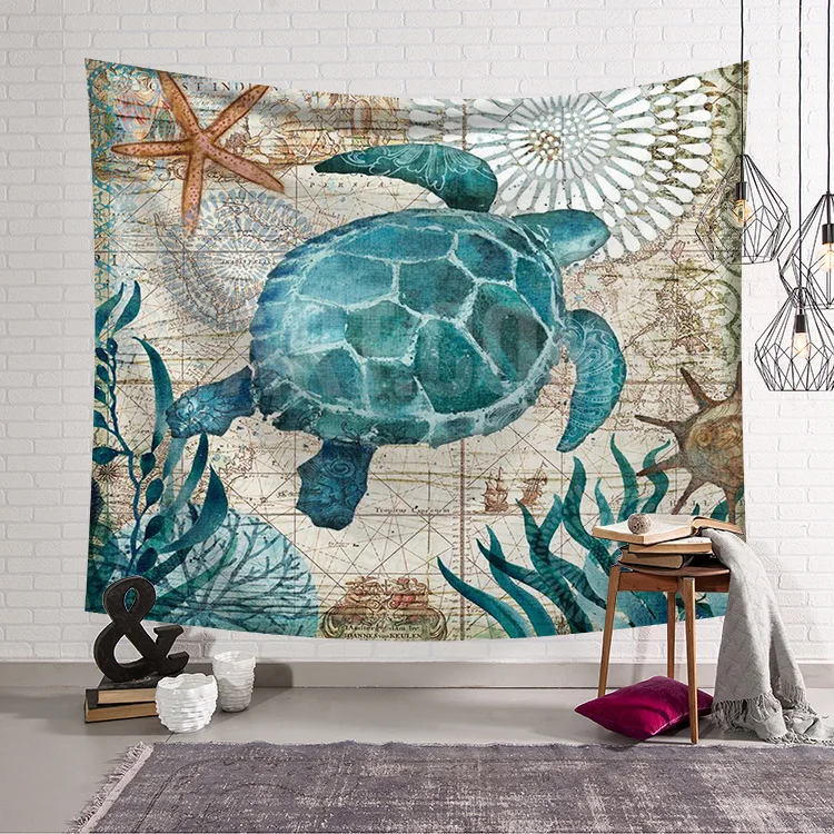 Marine Organism Wall Hanging Blanket Tapestry Beach Throw Towel Home Decorative Turtle Printed Supersoft Tapestries Beach Mat