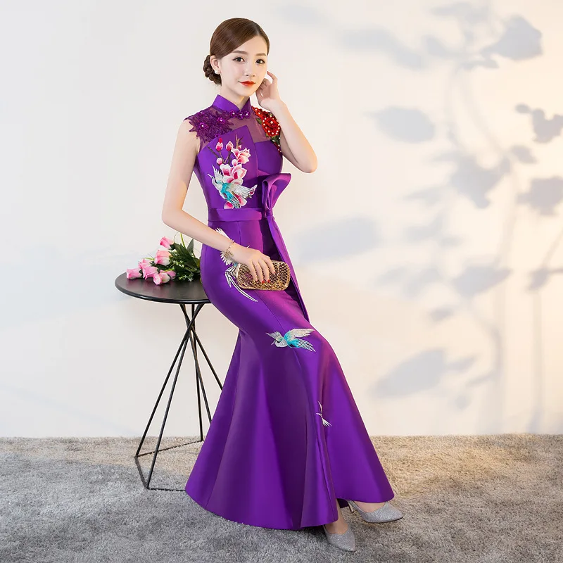 

Purple Modern Cheongsam Sexy Qipao Women Long Traditional Chinese Dresses Oriental Wedding Gowns Evening Dress Robe Orientale