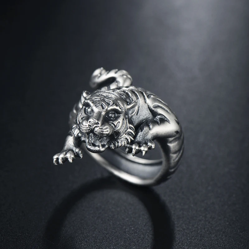 

100%silver restoring ancient ways air tiger zodiac ring 999 fine silver personality domineering male money men silver ring