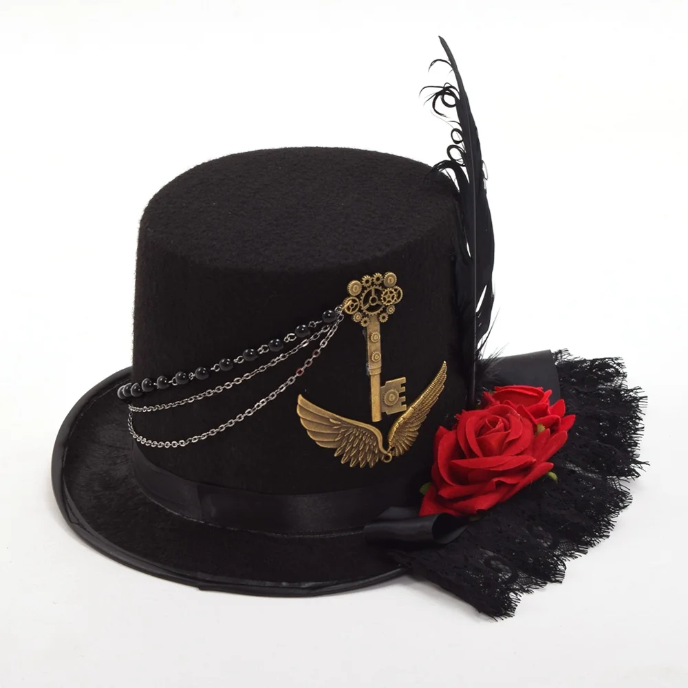 Men Women Handmade Steampunk Top Hat With Gear Cosplay Headwear Red Rose Chain Magic Hat