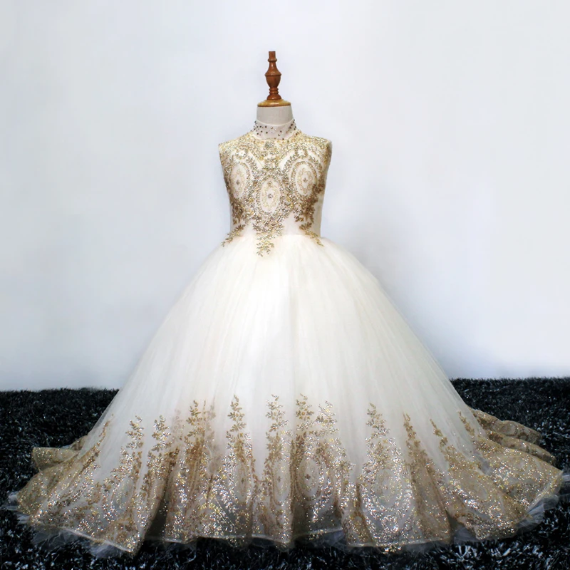 

gold little girls prom dresses long kids evening ball gown deguisement enfant fille lace beaded fluffy party dress for girls