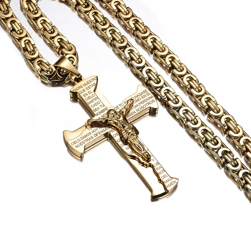 Jesus Crucifixion Pendant Cross Necklace for Men Women Three Colors Stainless Steel Byzantine Chain Christian Baptism Jewelry