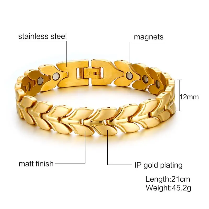 Vinterly Gold-color Magnetic Bracelet Men Stainless Steel Wheat Chain Link Bracelet Health Energy Charm Bracelets for Men Women