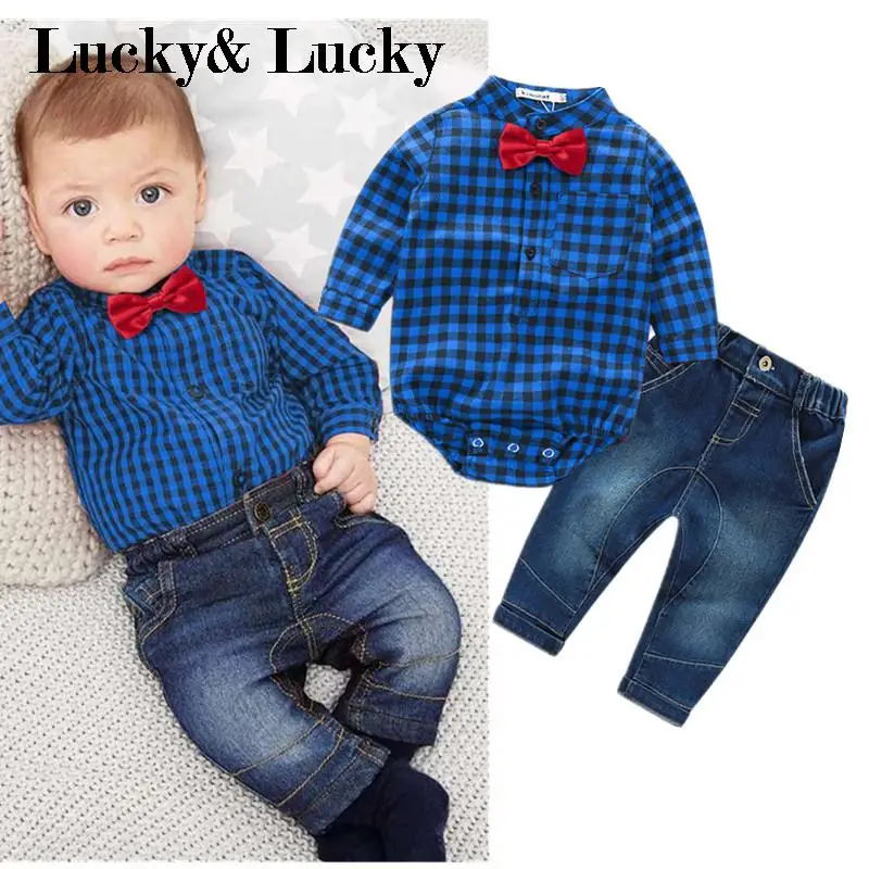 

New blue plaid rompers shirts with red bow+jeans baby boys clothes bebe clothing set