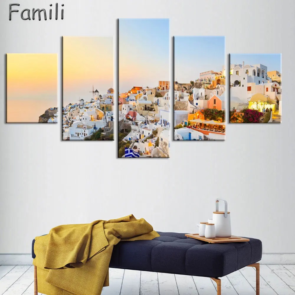 

5 Piece Hot Sell Modern Wall Painting Art Picture Paint on Canvas Prints The classic beauty of the Greek island of Santorini