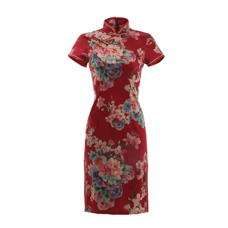 Women Summer New High Quality Chinese Wedding Dress Retro Qipao Cheongsam Short Sleeve Party Dress S-4XL