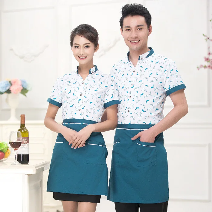 

Hotel Overalls Summer Women's Restaurant Cafe Waitress Uniform Single Jacket Catering Short Sleeve Waiter Work Wear Shirt H2268