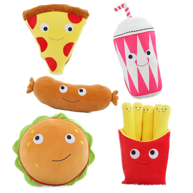 1pc Lovely Lifelike Food Plush Pillow Toys Soft Pizza Hamburger Fries Sausage Milk Tea Pillows Cushions Creative Gifts for Girls