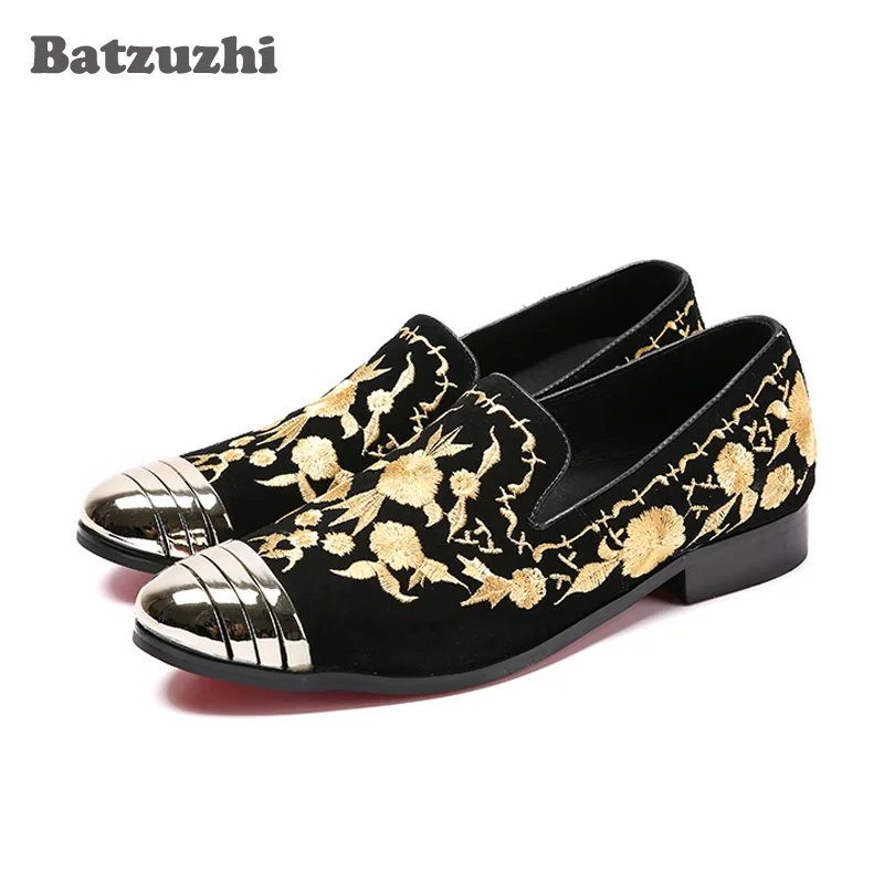 Batzuzhi New Italian Men's Flats Men Slip-On Loafers Shoes Black Suede with Embroidery Men Casual Shoes Size EU38-46! Sapatos