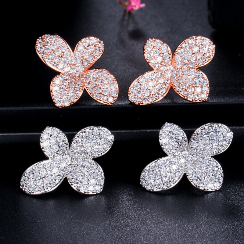 CWWZircons Rose Gold Color Micro Paved CZ Stone Flower Leave Simple Fashion Stud Earring for Women Famous Brand Earrings CZ436