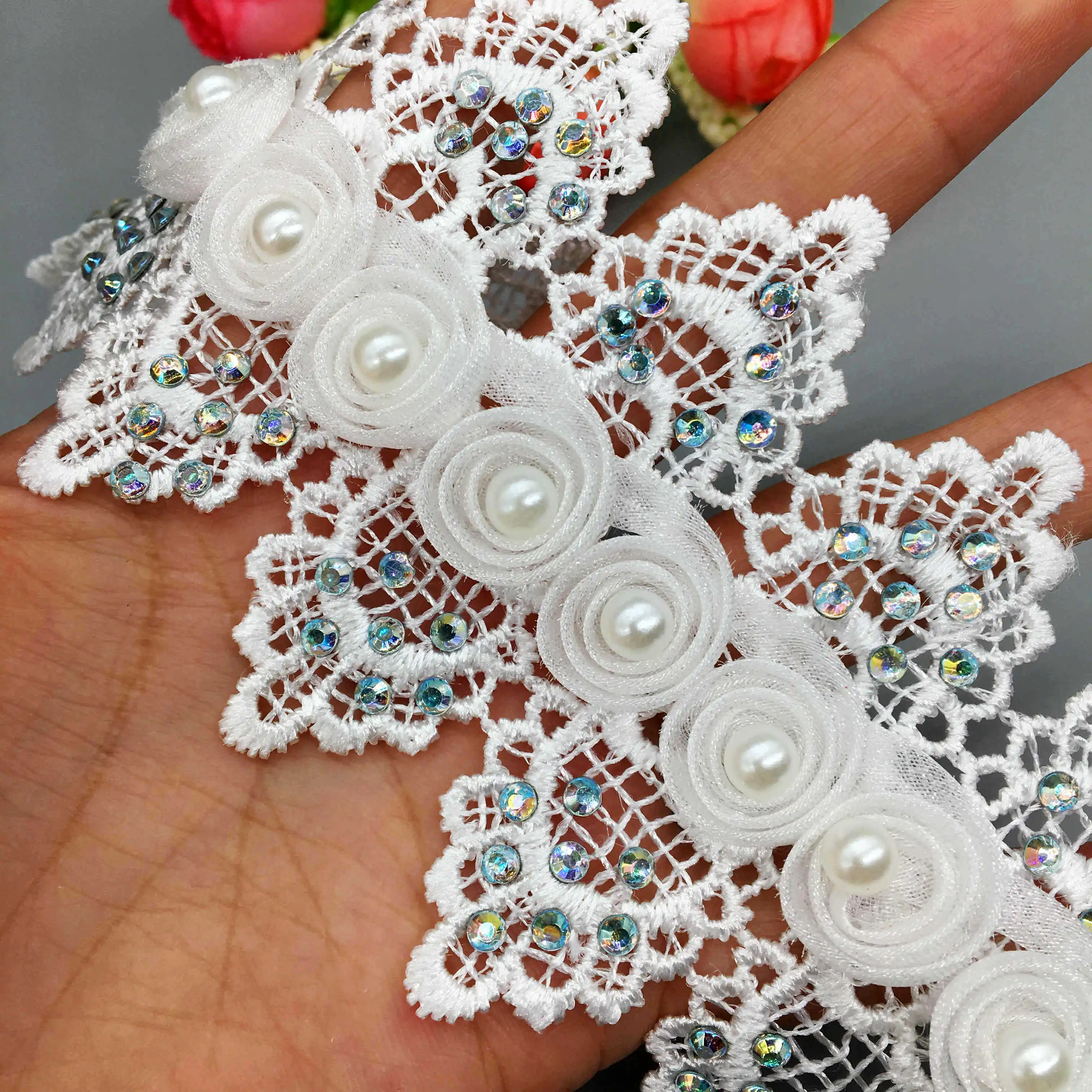 

20Pcs 3D Colorful Diamond Cotton Flower Pearl Beaded Lace Trim Embroidered Ribbon Fabric Dentelle DIY Sewing Craft Wedding Dress