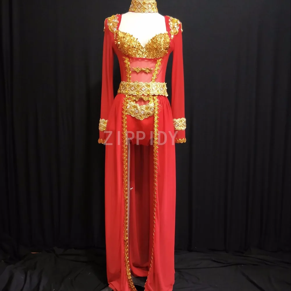 Women Fashion Dance Costume Red  Gold Bodysuit Skirt Stage Performance Two Pieces Outfit Female Singer Birthday Clothing