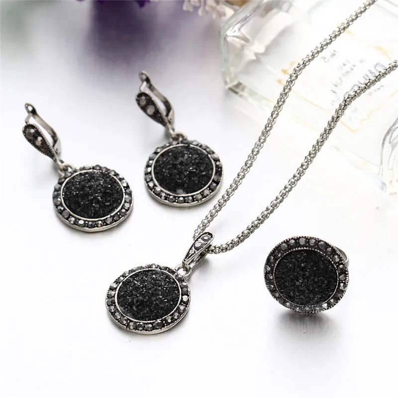 Vintage Wedding Jewelry Sets Black Stone Resin Necklace Set Ring Earrings For Women Fashion Crystal Jewellery Bridal Gift