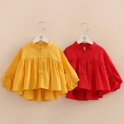 2024 Spring Autumn 2 3 4 6 8 10 Years Children Mandarin Collar Cotton Solid Color Long Sleeve School Kids Baby Girl Blouse Shirt