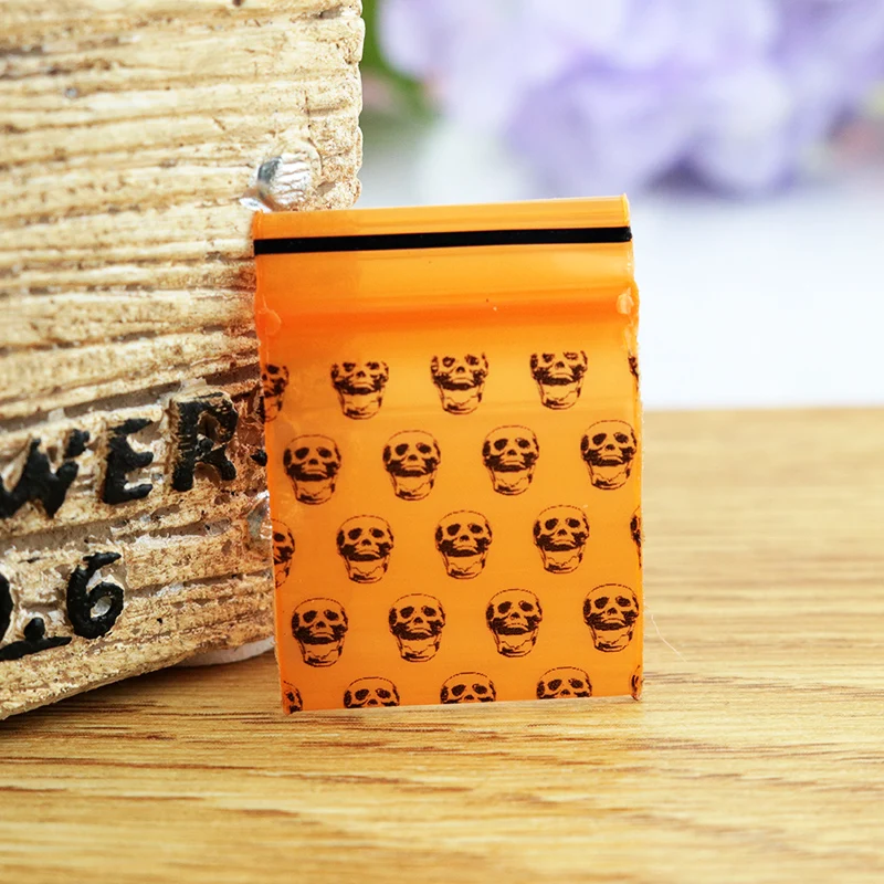 2*2.8CM Wholesale 300Pcs Orange Skull Printing Jewelry Pill Pearl Powder Hermetic Bag Zip Lock Plastic Gift Packaging Bags