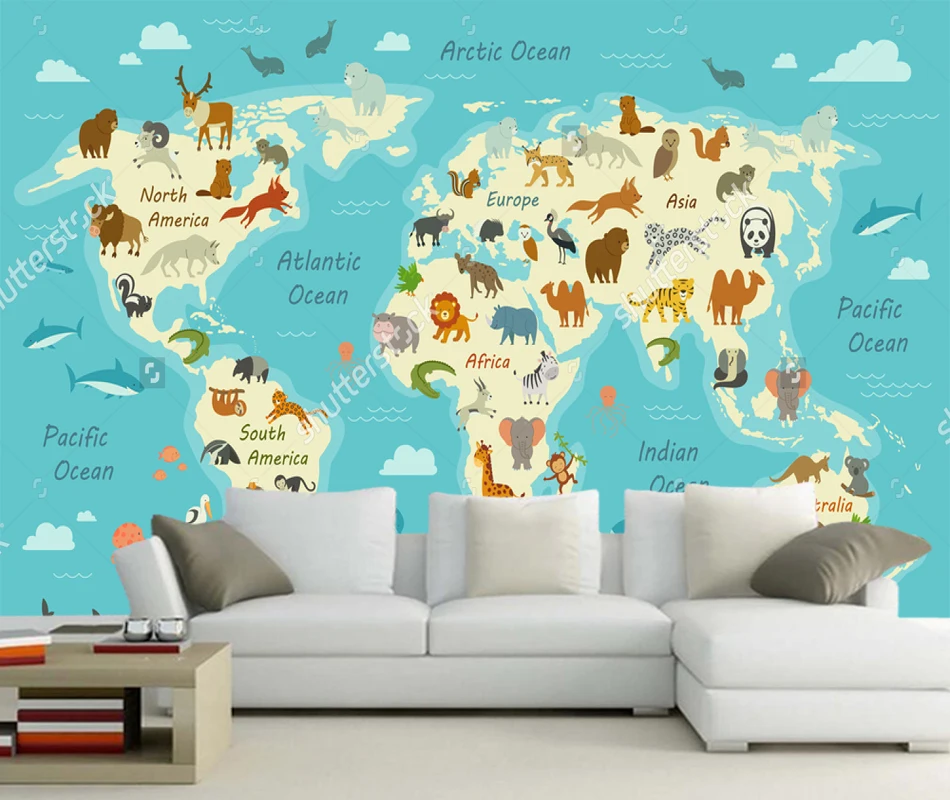 

Children's wallpaper, a World Map with Animals, 3D Photo Mural For Living Room Kids Room Bedroom Background papel de parede