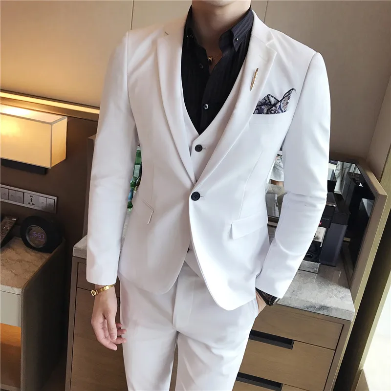 S-7XL ( Jacket + Vest + Pants ) Mens Suit Solid Color Mens Classic Suits Red Prom Suit Black White Blue Slim Groom Wedding Dress