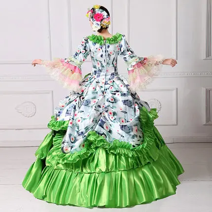 100%real green ruffled flower Medieval Renaissance ball gown Sissi princess dressVictorian/Marie Antoinette/Colonial Belle Ball