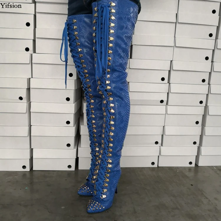 

Olomm New Women Thigh High Boots Sexy Snake Stiletto High Heel Boots Pointed Toe Blue Night Club Shoes Women Plus US Size 5-15