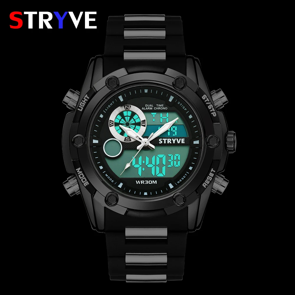 Stryve Brand Luxury Dual Display Watches Quartz Digital Led Clock 30m Water Resistant Military Big Dial Men Outdoor Sports Watch