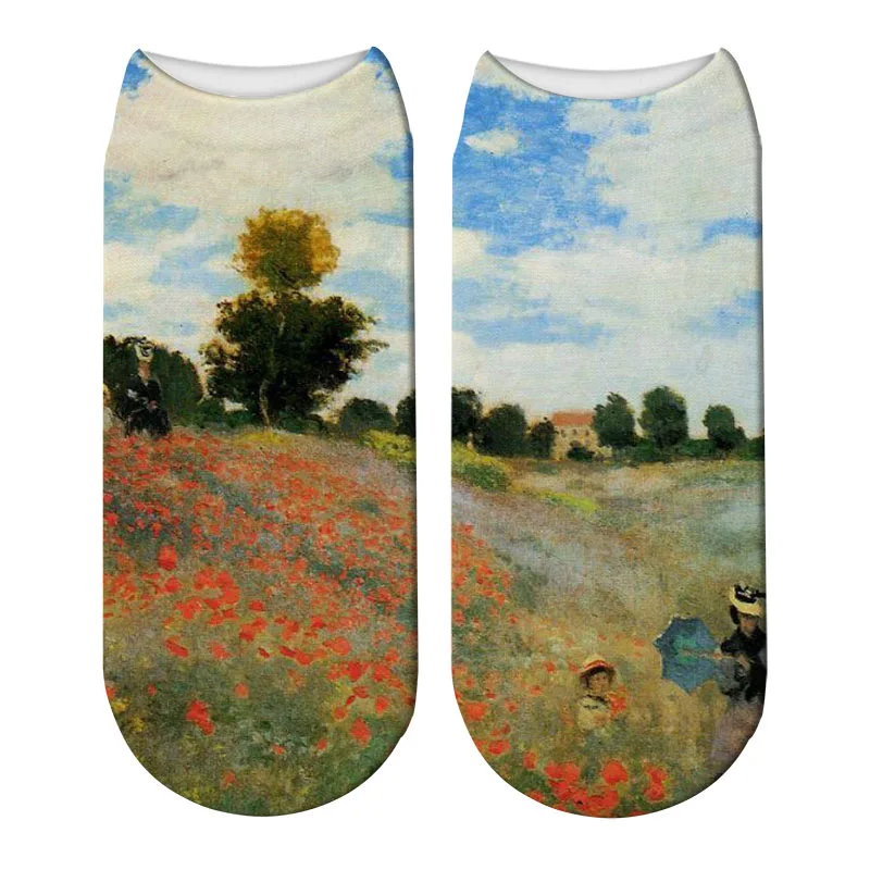 Moda 3d retro pintura arte monet meias feminino engraçado personalidade novidade feliz meias casual tornozelo algodão calcetines mujer