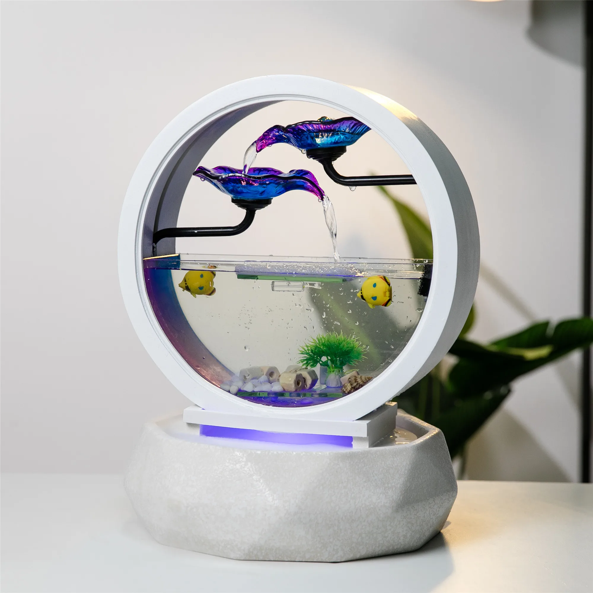 

Creativity Table Top Water Fountain Small Fish Tank Round White Glass Aquarium Indoor Office Desktop Decoration Waterfall Kit