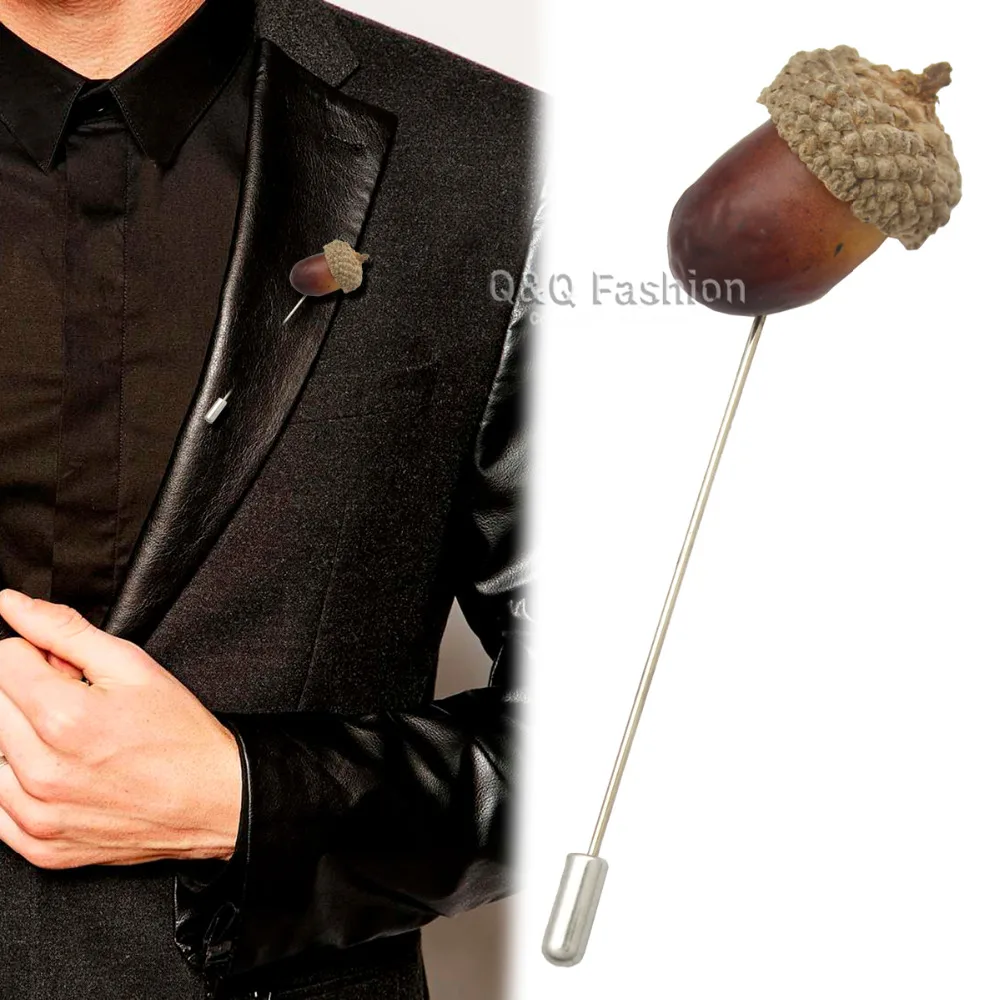 RechicGu Gold Silver Plated 2 Colors Natural Acorn Nut Oak Lapel Stick Pin Tie Badge Brooch Men Fashion Jewelry Accesories Gift