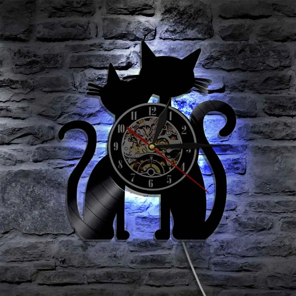 

Sitting Cat Couple Silhouette LED Light Color Change Vinyl Record Wall Clock Pet Kitty Cat Animal Home Decor Wall Watch