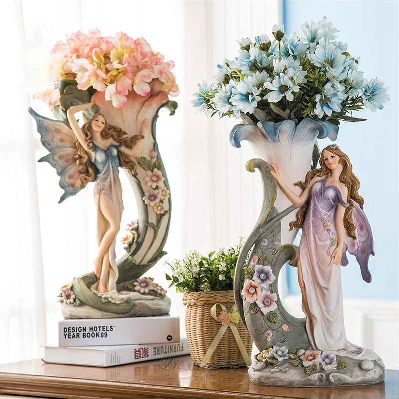 European Antique Beauty Angel Resin Vase Figurines Floral Statue Ornament Home Furnishing Decoration Craft American Wedding Gift