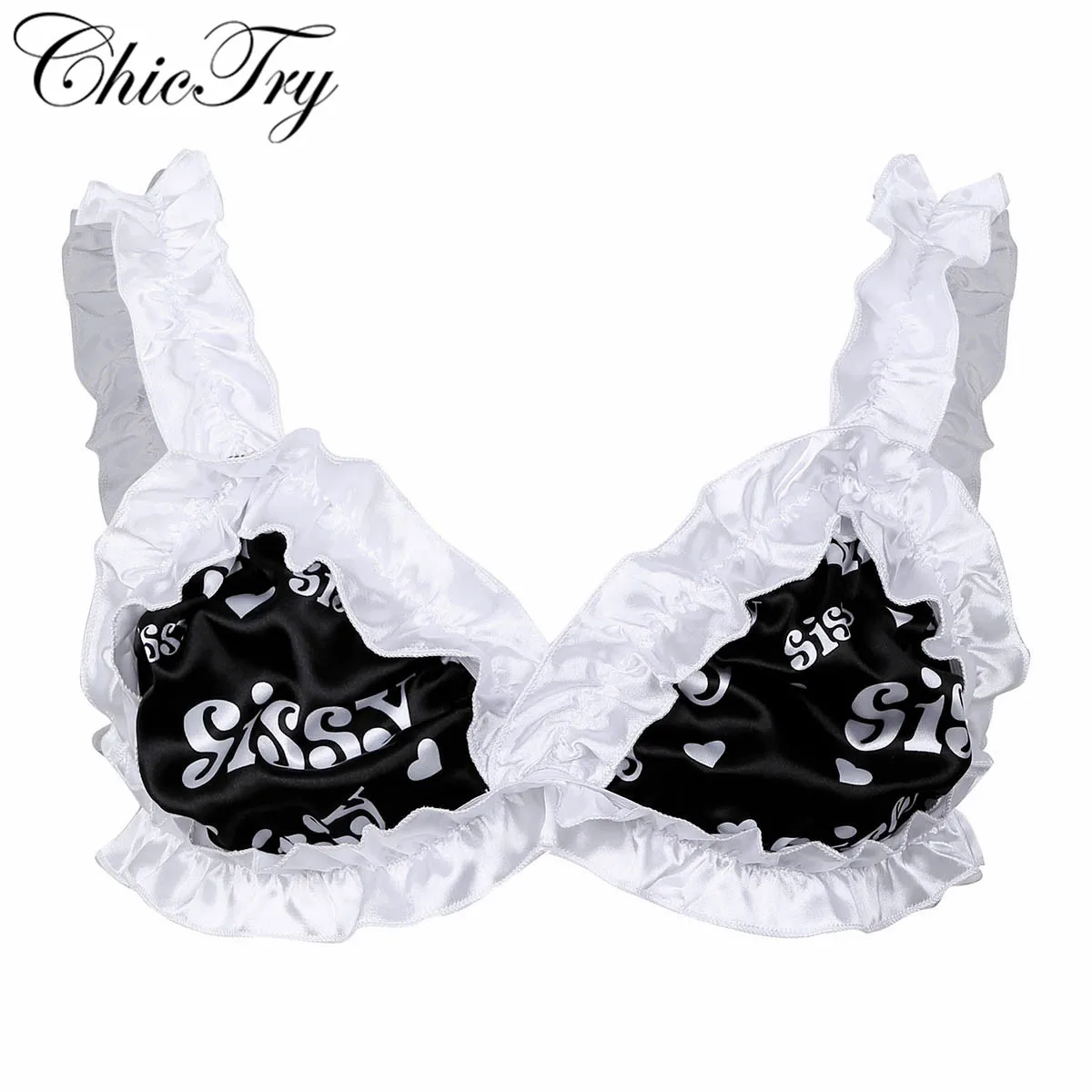 Sexy Mens Male Sissy Lingerie Smooth Soft Letter Printed Frilly Ruffled Elastic Wide Shoulder Straps Wire-free Unlined  Bra Top