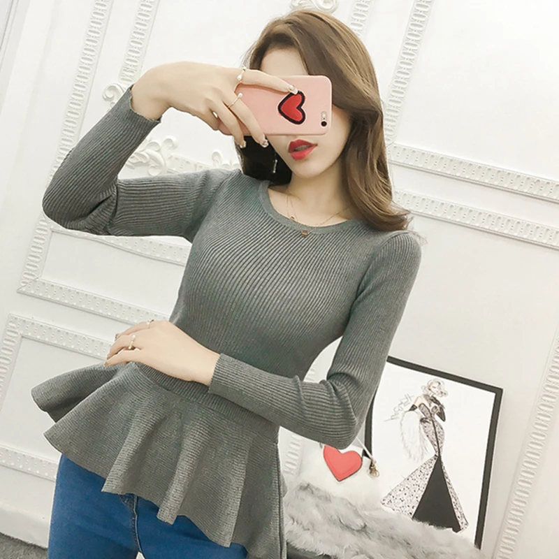 2021 Autumn Winter Long Sleeve Ruffle Pullover Women Sweater Knitted Sweaters O-Neck Tops Korean Pull Femme Jumper Female Black