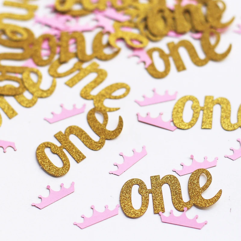 c36 Pink and Gold 1st Birthday Party Decorations.  Princess Party Confetti. One and Crowns Confetti Mix.