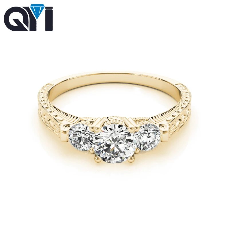 

QYI 14K Yellow Gold 3 Stone Rings For Woman Round Cut Moissanite Diamond Vintage Engagement Ring