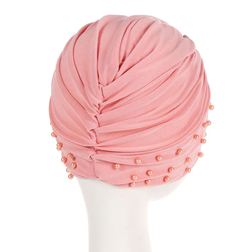 Women Bead Pearl Solid Color Elastic Hair Head Wrap Caps Ladies Turban Hats HATQD0047