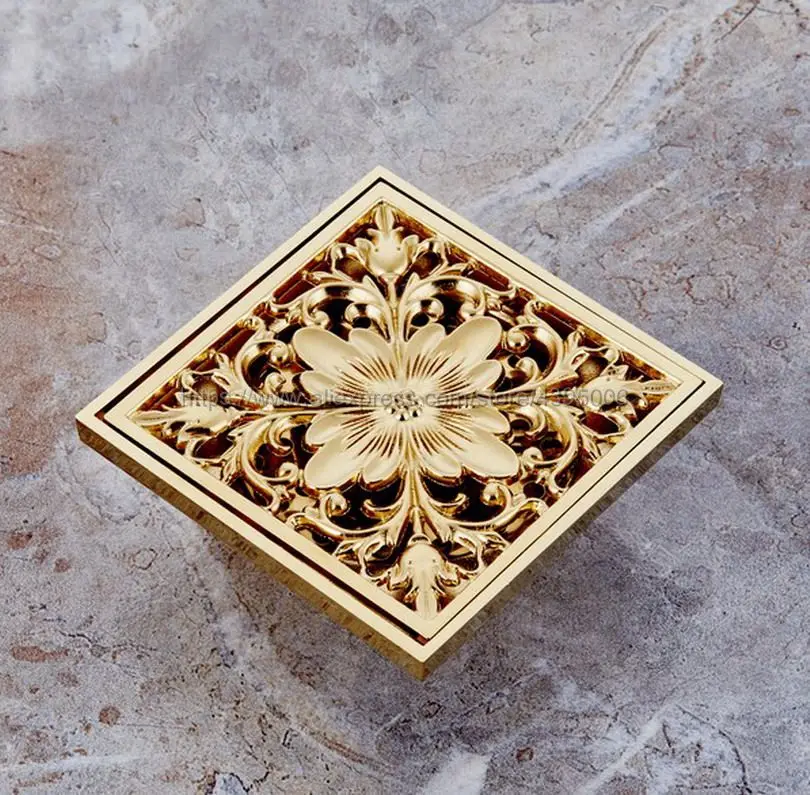 Luxury Gold Color Brass 4 Inch Square Antique Brass Flower Carved Art Drain Bathroom Shower Waste Drainer Bhr027