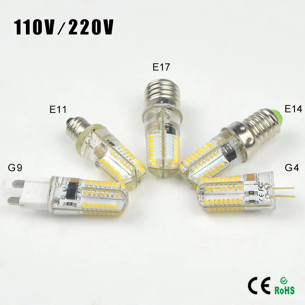 1Pcs Silicone Dimmable G9 G4 E11 E12 E14 E17 LED Lights AC 110V/220V 64 LEDs Clear Corn Bulb Lamp For Crystal Chandelier Light