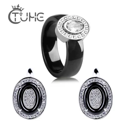 Egg Shape U Shaped Stud Earrings Big Carat Rings Jewelry Set Black White Ceramic Jewelry Set Wedding For Women Size 6-9