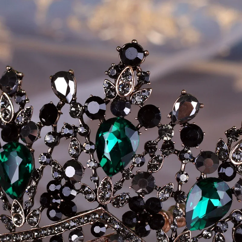 Baroque Bronze Black Green Crystal Bridal Tiaras Crown Vintage Rhinestone Diadem for Brides Headbands Wedding Hair Accessories