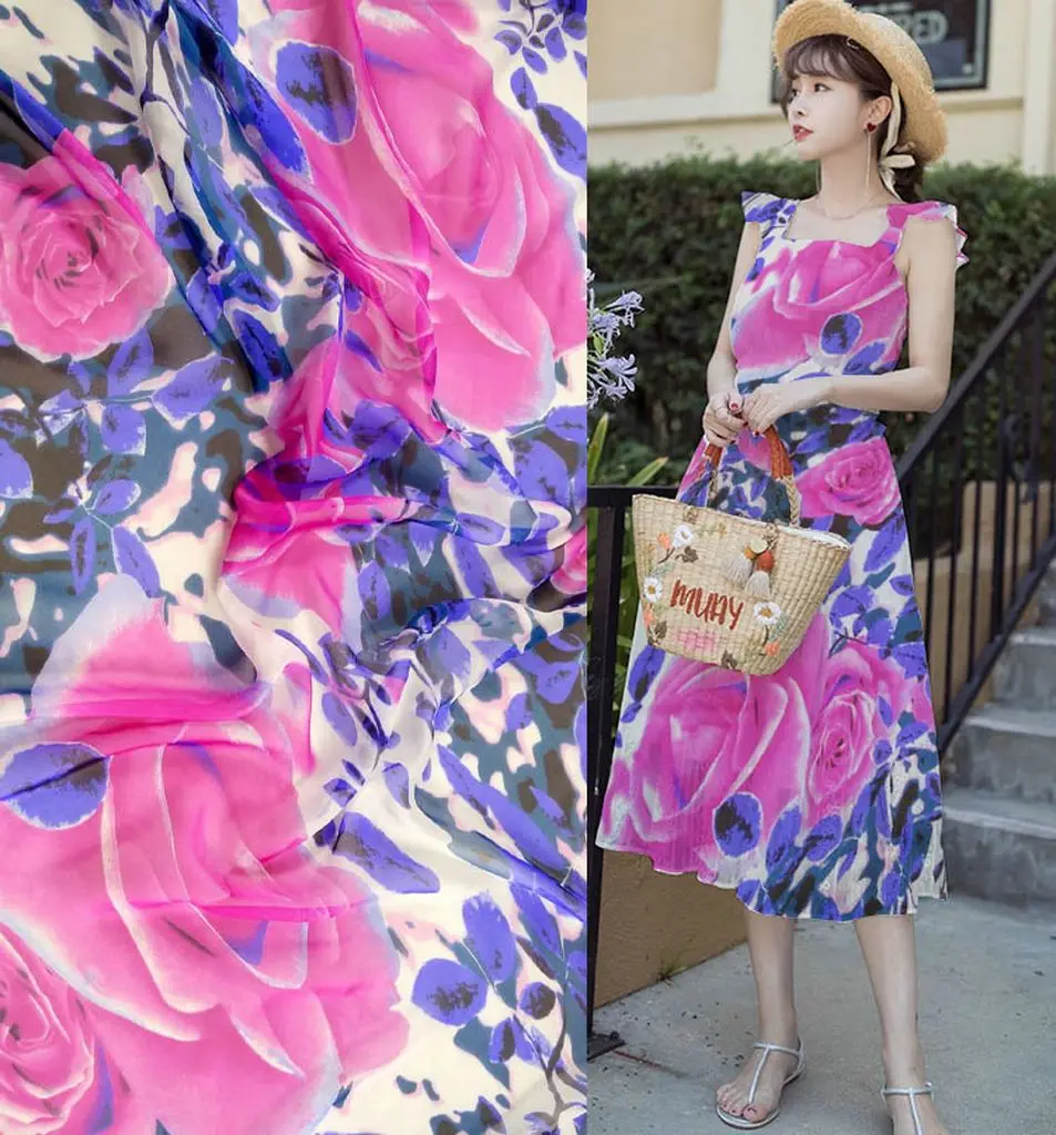 Violet Peony Flowers Prints French Lace Silk Chiffon Fabric For Sewing Woven Material Textile Tulle Dress 100% Silk Fabric Telas
