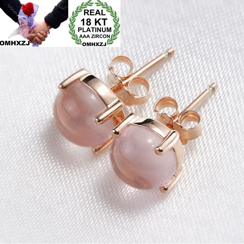 

OMHXZJ Wholesale European Fashion Woman Girl Party Wedding Gift Round Pink Rose Quartz 18KT Rose Gold Stud Earrings EA207