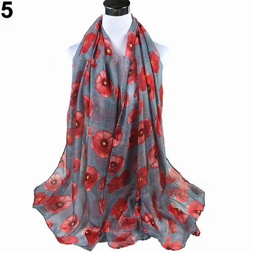 Women\'s Fashion Sexy Poppy Flowers Print Chiffon Comfortable Shawl Long Scarf