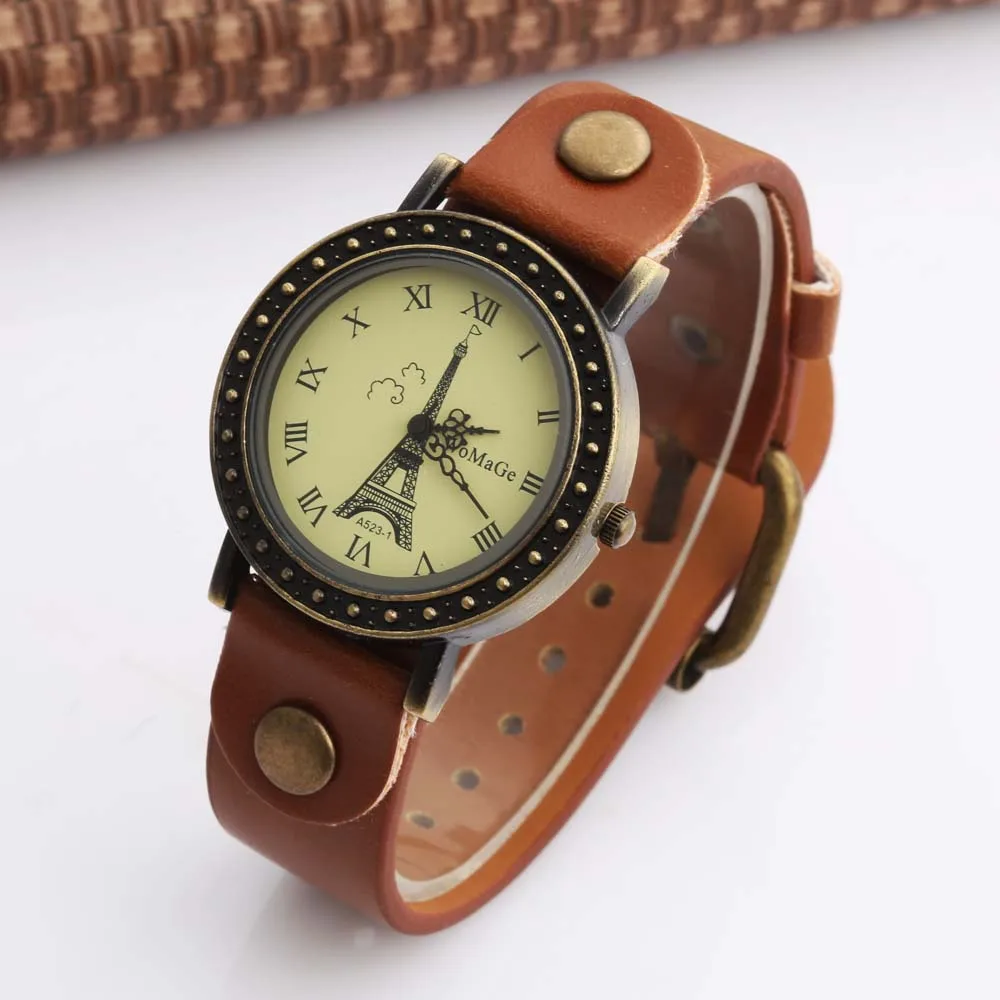 

WOMAGE Watch Fashion Women Watches Vintage Cow Leather Quartz Watches Paris Eiffel Tower Watch dames horloges montre femme