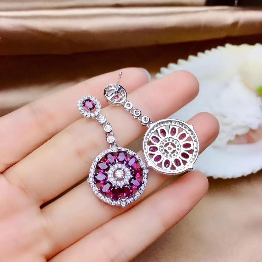 

shinning fashion circle red garnet gemstone earring set for women silver fine jewelry natural gem wine red color birthstone gift